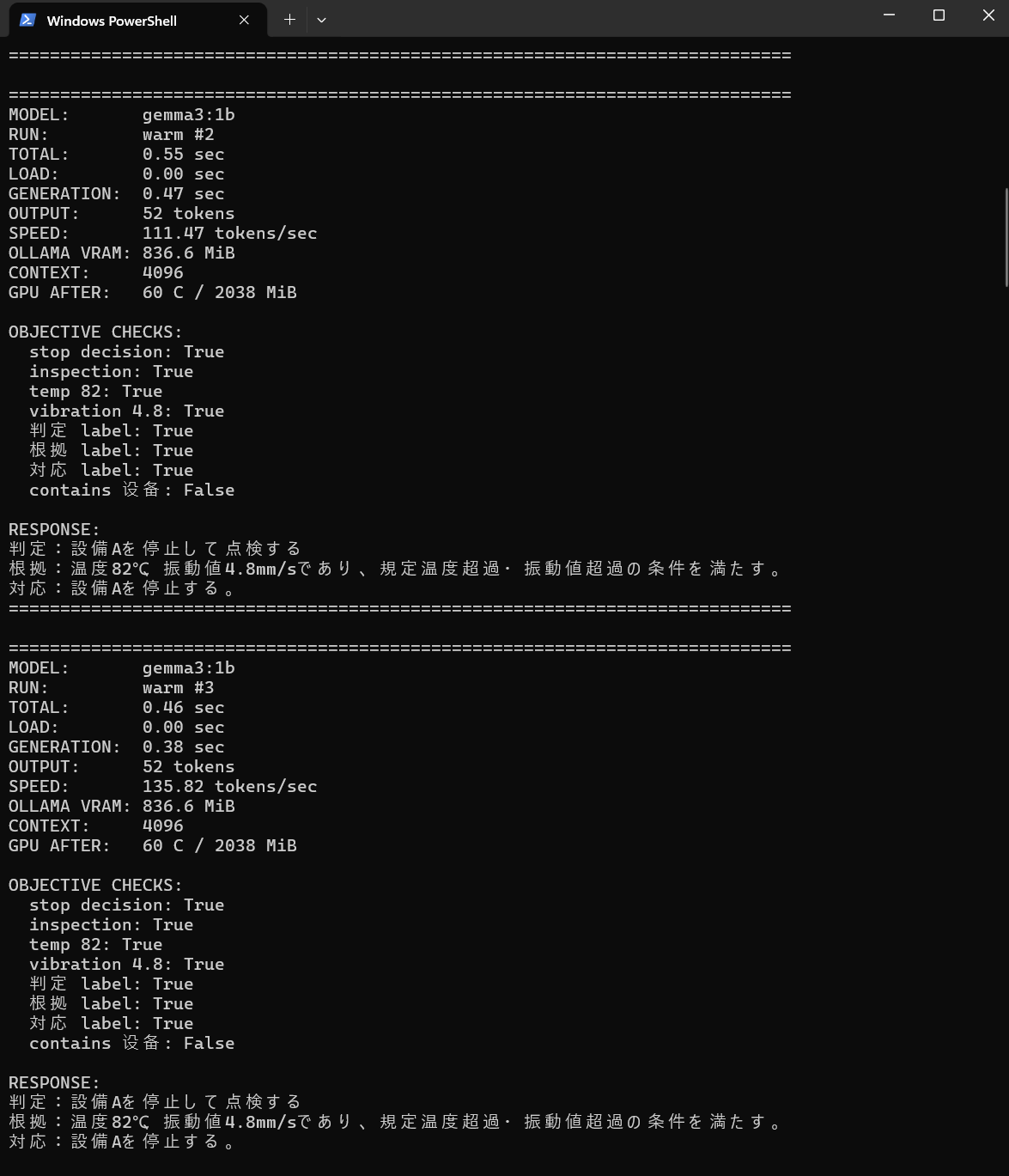 Gemma 3 1Bの推論速度と日本語回答を表示したWindows PowerShell画面