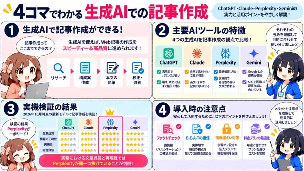 生成AIで記事作成ができる！？ChatGPT・Claude・Perplexity・Geminiの実力を徹底比較
