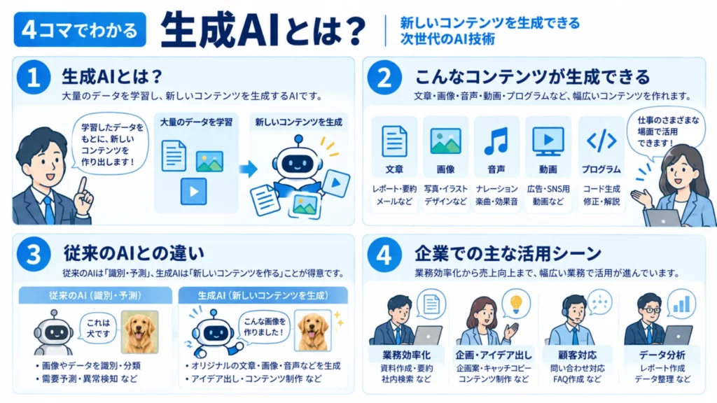 生成AIとは？仕組みやできること、従来AIとの違い・企業導入事例をわかりやすく解説