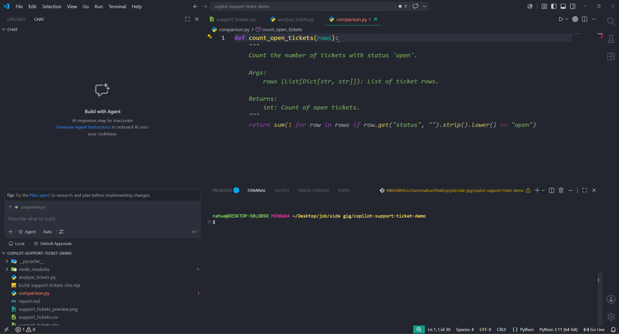VSCodeでGitHub Copilotのコード補完がPython関数の実装候補を表示している画面