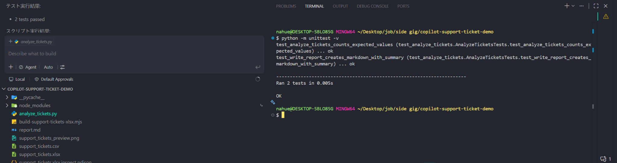 GitHub Copilotが作成したPythonテストをVSCodeのターミナルで実行した画面
