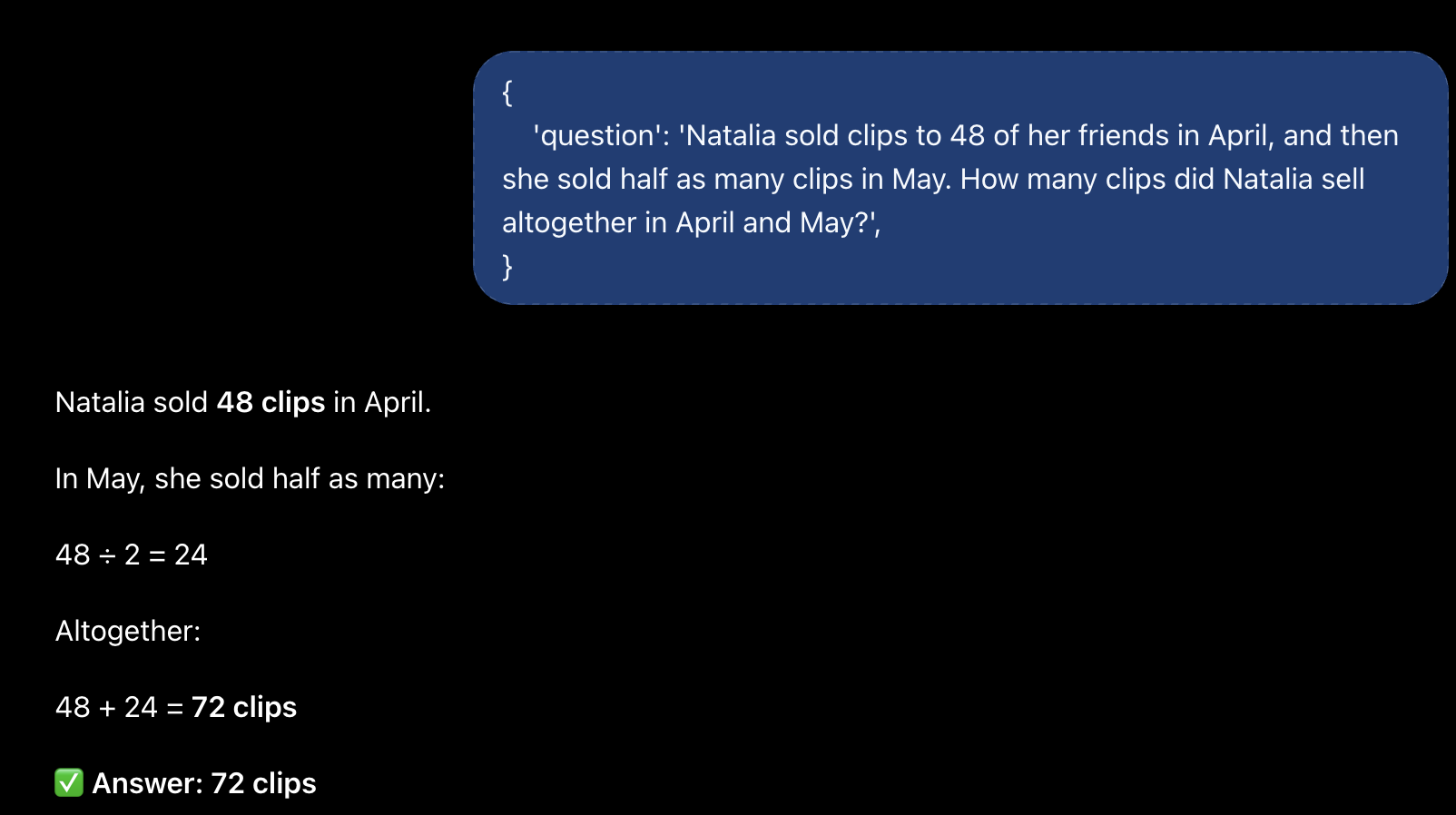 GSM8Kの文章題「48個のクリップ」をAIが解いている画面