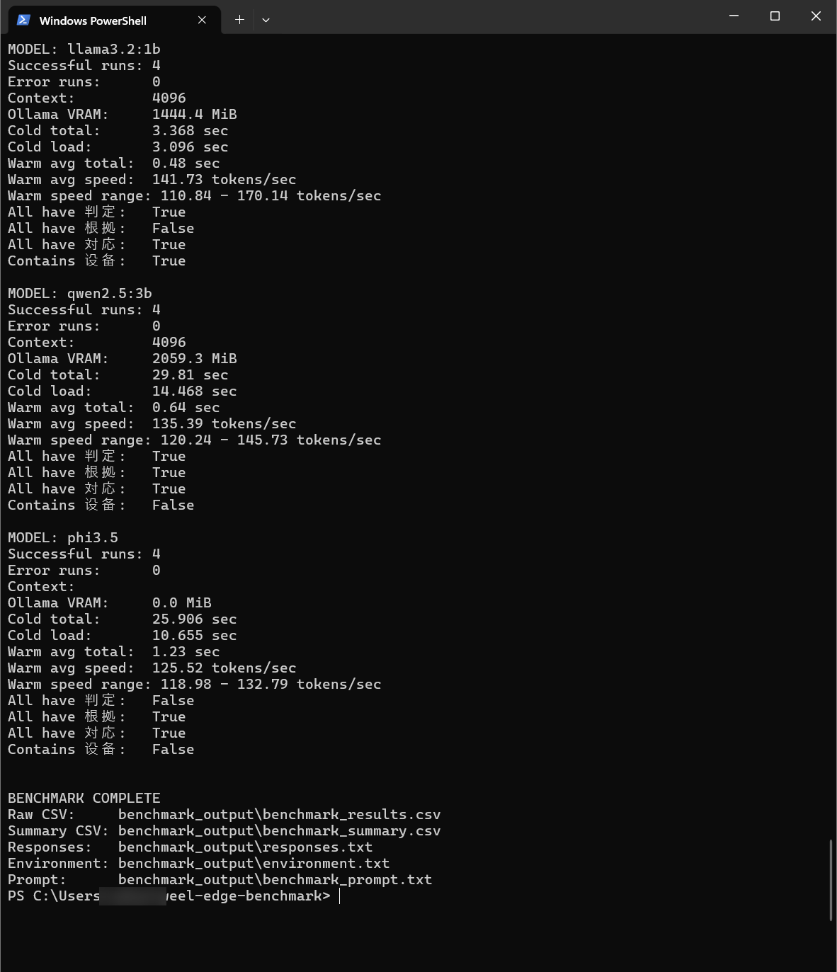 Llama 3.2 1B、Qwen 2.5 3B、Phi-3.5の速度と出力品質を一覧表示したベンチマーク完了画面