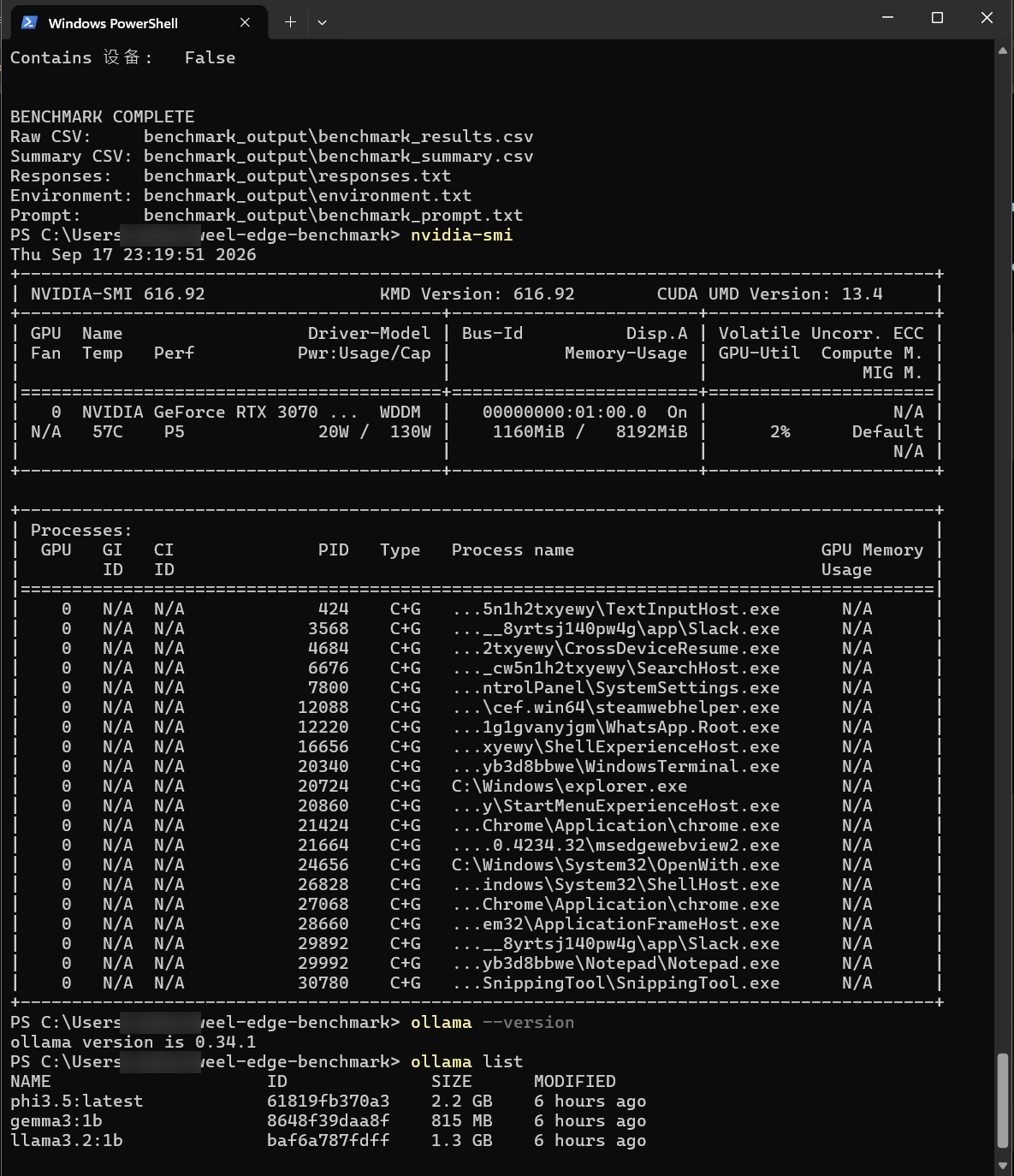 RTX 3070 Laptop GPUのnvidia-smi、Ollama 0.34.1、モデル一覧を表示した検証PCのPowerShell画面