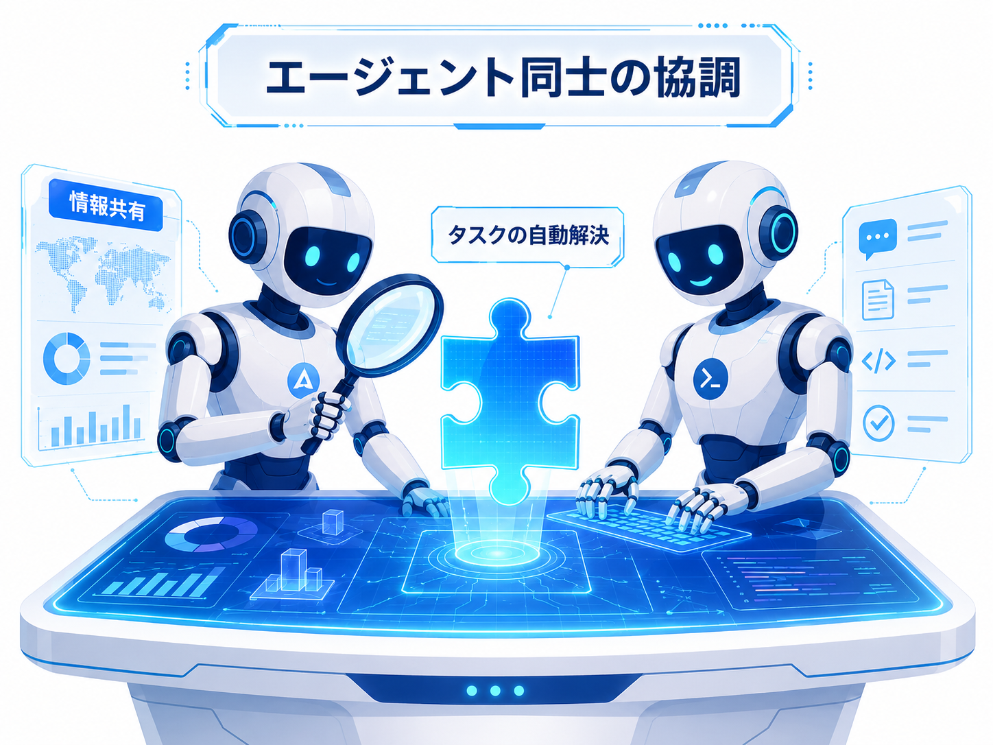 複数のAIエージェントが情報共有して協調するイメージ