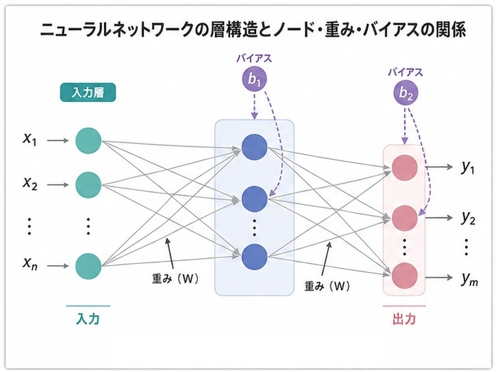 ニューラルネットワークの層構造とノード・重み・バイアスの関係