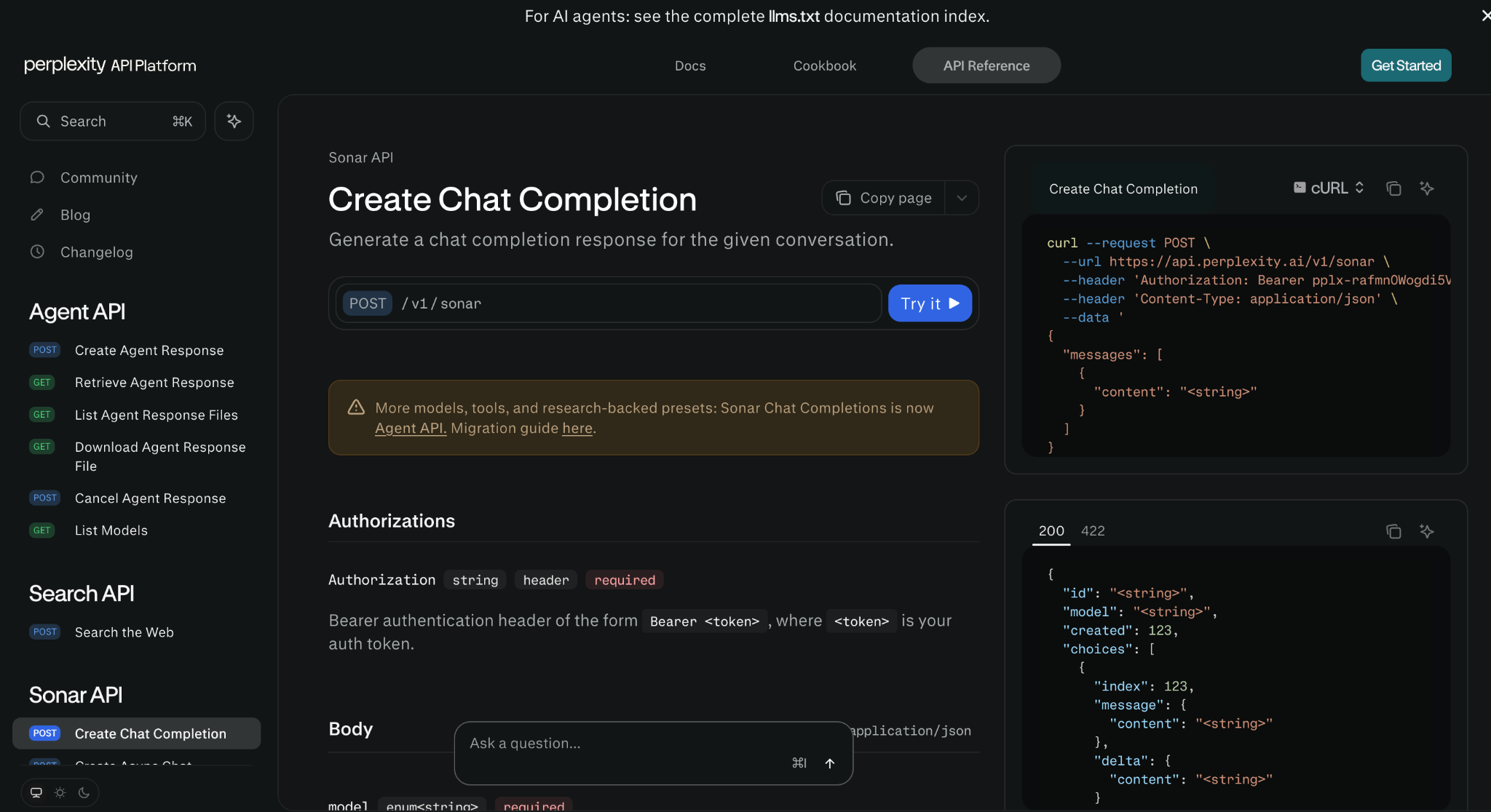 Perplexity Chat Completions APIリファレンス画面