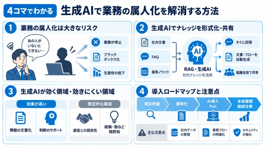 生成AIで属人化を解消する方法5選!この人しかできない仕事をなくす!導入事例とロードマップも徹底解説