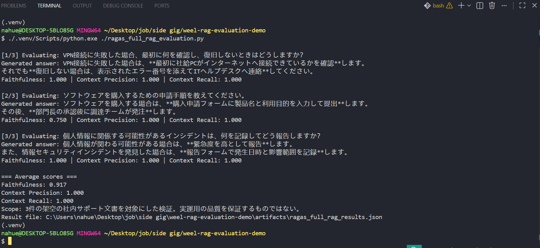 Ragasで3件の社内サポート質問に回答し、RAG評価を実行したターミナル結果
