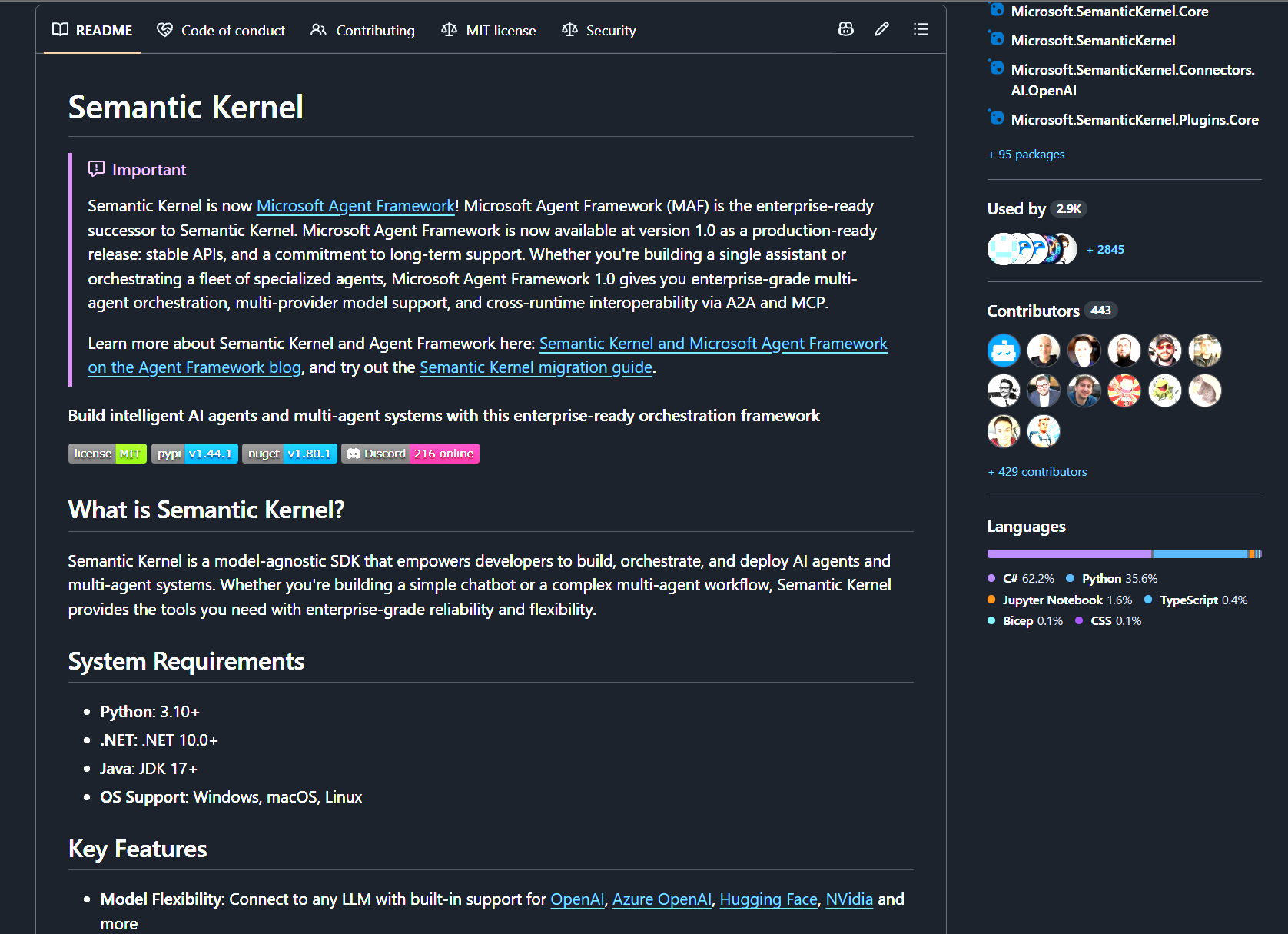 MicrosoftのSemantic Kernel公式GitHubリポジトリとREADME冒頭を示す画面