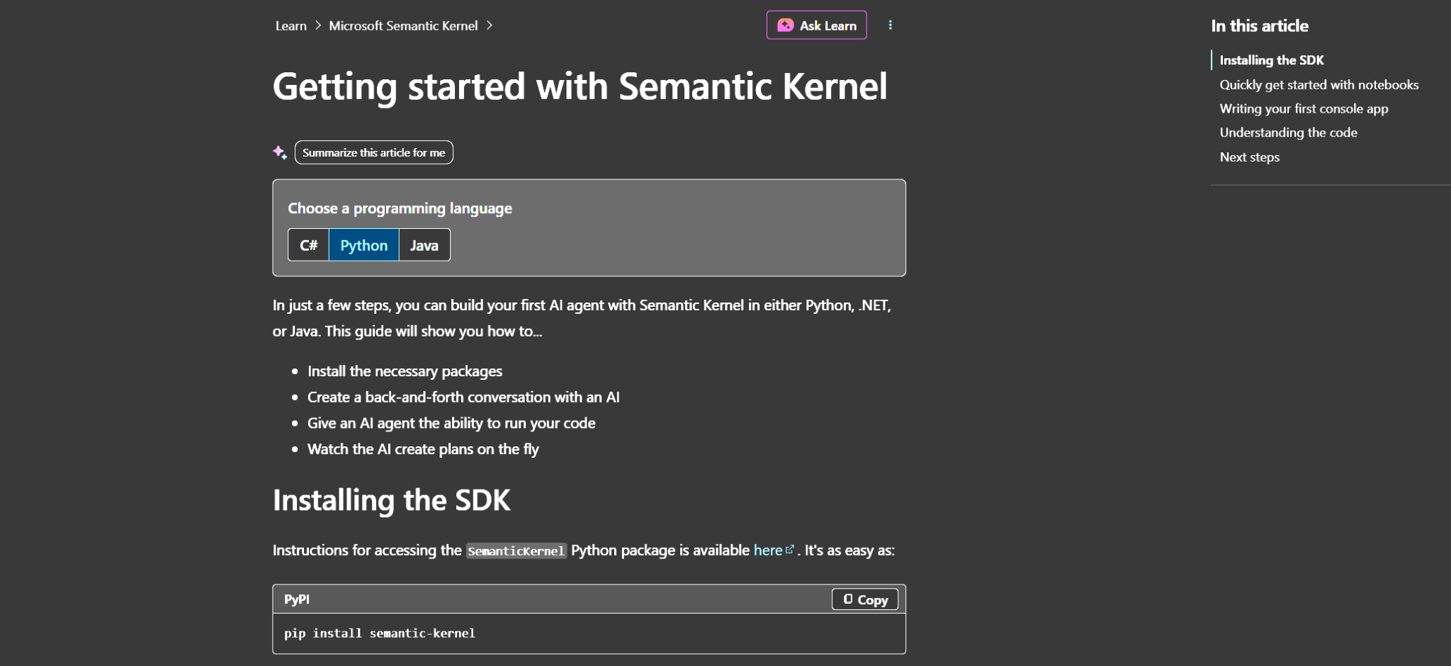 Microsoft LearnのSemantic Kernel公式導入ページで対応言語とセットアップ手順を示す画面