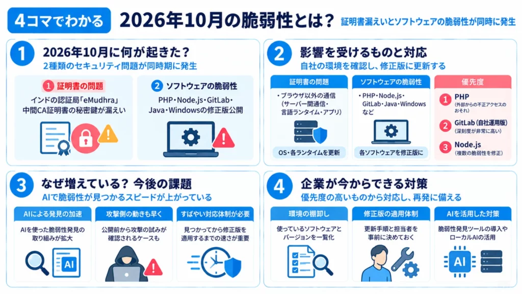 【2026年10月】脆弱性情報まとめ｜eMudhra証明書漏洩とPHP・Node.js・GitLab・Javaの修正版を解説