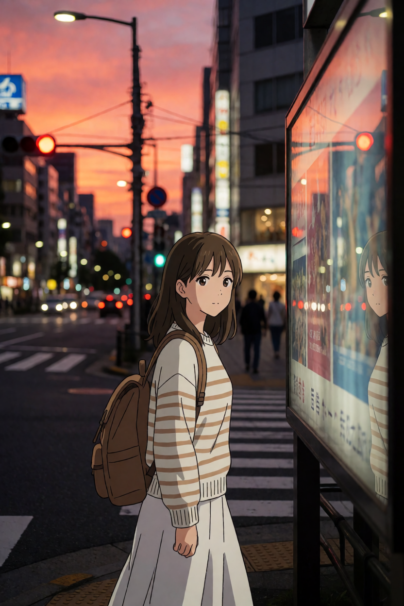 夕暮れの街を歩く女性