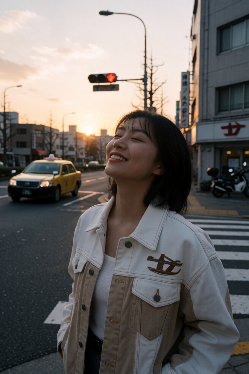 暖色の夕暮れ光に包まれた街を歩く女性