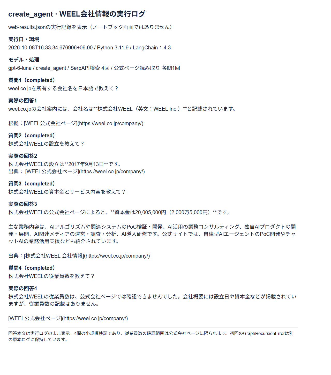 Web検索とWEEL公式ページの読み取りで4問に回答し、従業員数は確認できないと返した実行ログ