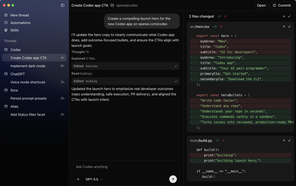 Codexのコーディング画面